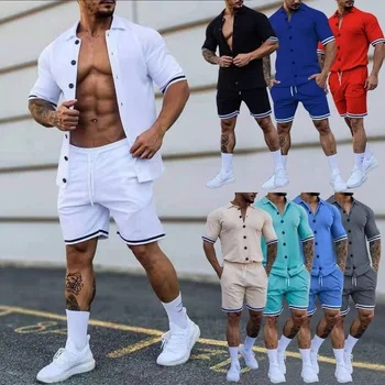 Летний модный новый мужской модный комплект рубашек, однотонная рубашка с коротким рукавом + шорты, комплект из двух предметов