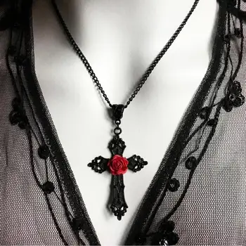 Ожерелье с черным крестом и красной розой, Готические украшения, Подвеска с крестом, Готкор, Готический подарок, Романтический день Святого Валентина, Викторианский стиль